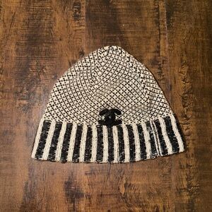CHANEL Black and Cream Patterned Beanie